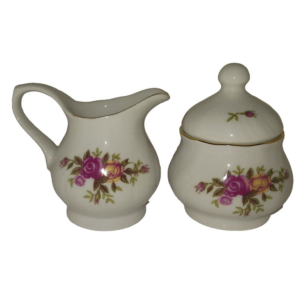 Vintage Korona Sugar Bowl Pink & Yellow Rose Design Made in Poland